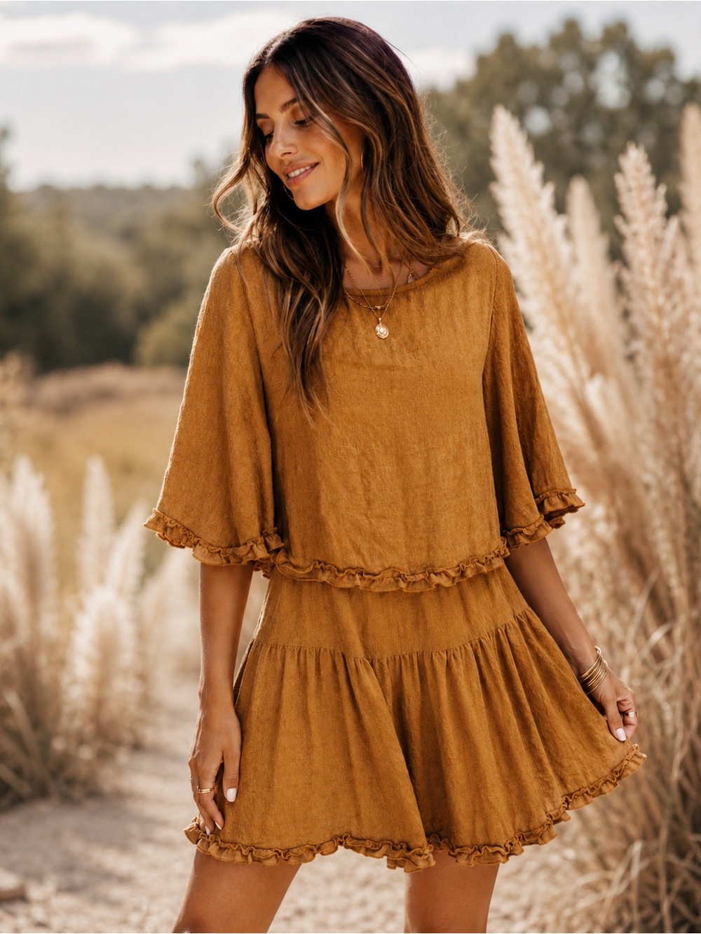 Polly Mustard Ruffle Open Back Tiered Mini Dress Size 8 Boho Textured